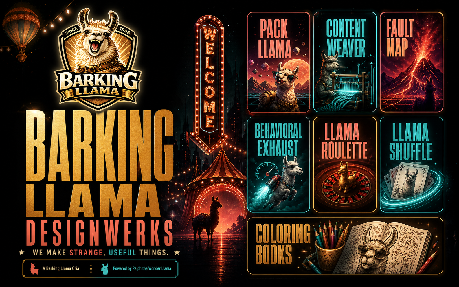 Barking Llama Designwerks Midnight Digital Carnival, with a glowing welcome sign, shadowed llama, circus tents, and illuminated project cards